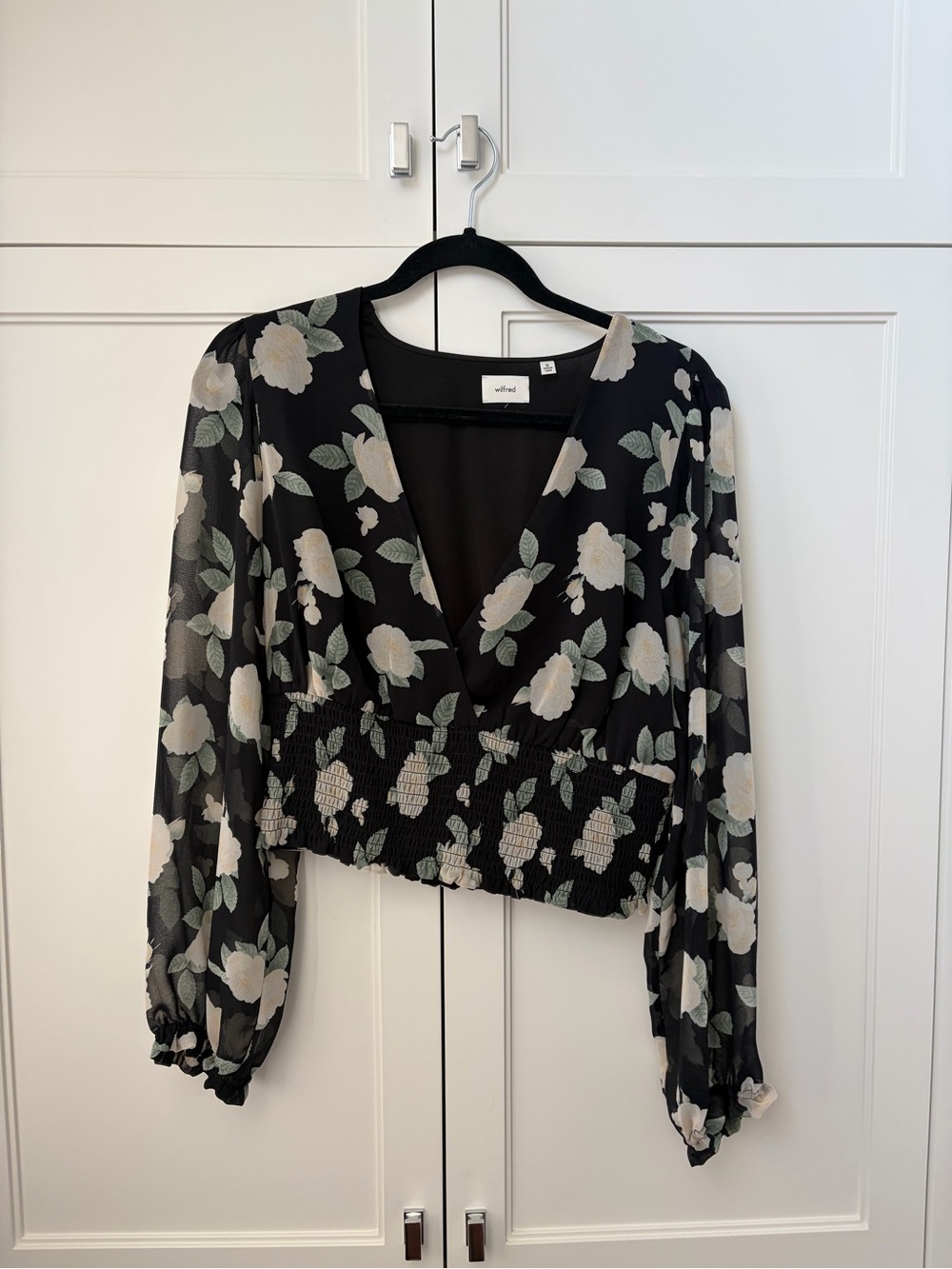 Aritzia Black Floral V-Neck Smocked-Waist Blouse